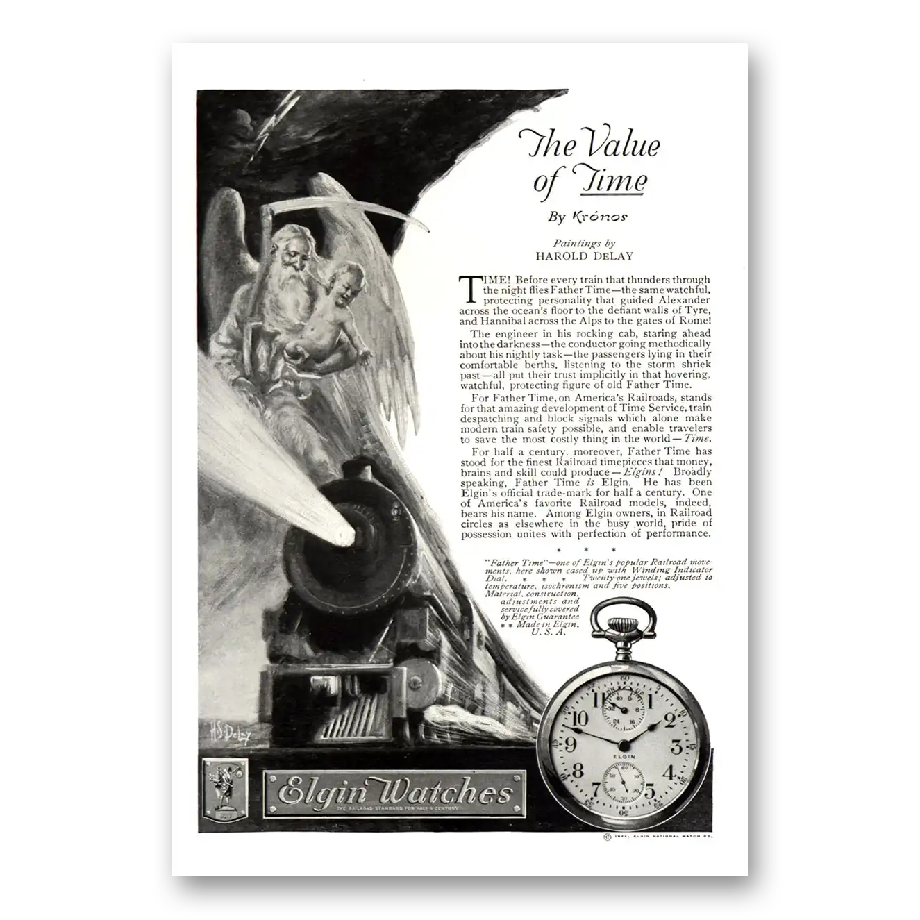 1922 Elgin Watch Before Every Train Father Time Vintage Magazine Print Ad