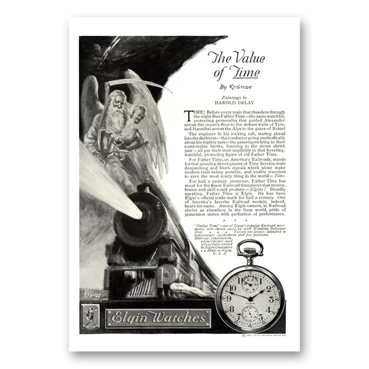 1922 Elgin Watch Before Every Train Father Time Vintage Magazine Print Ad