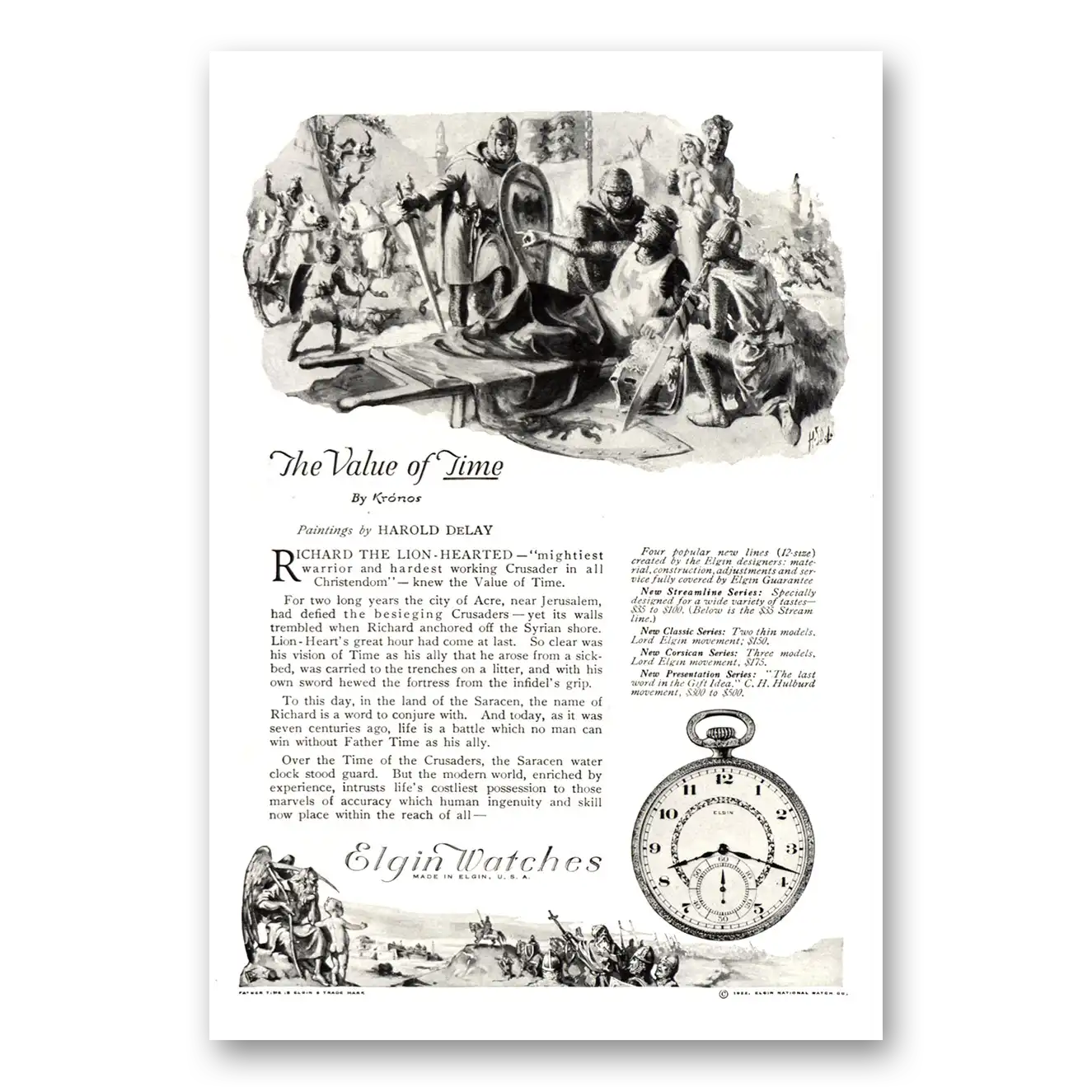 1922 Elgin Watch Richard the Lion Hearted Vintage Magazine Print Ad