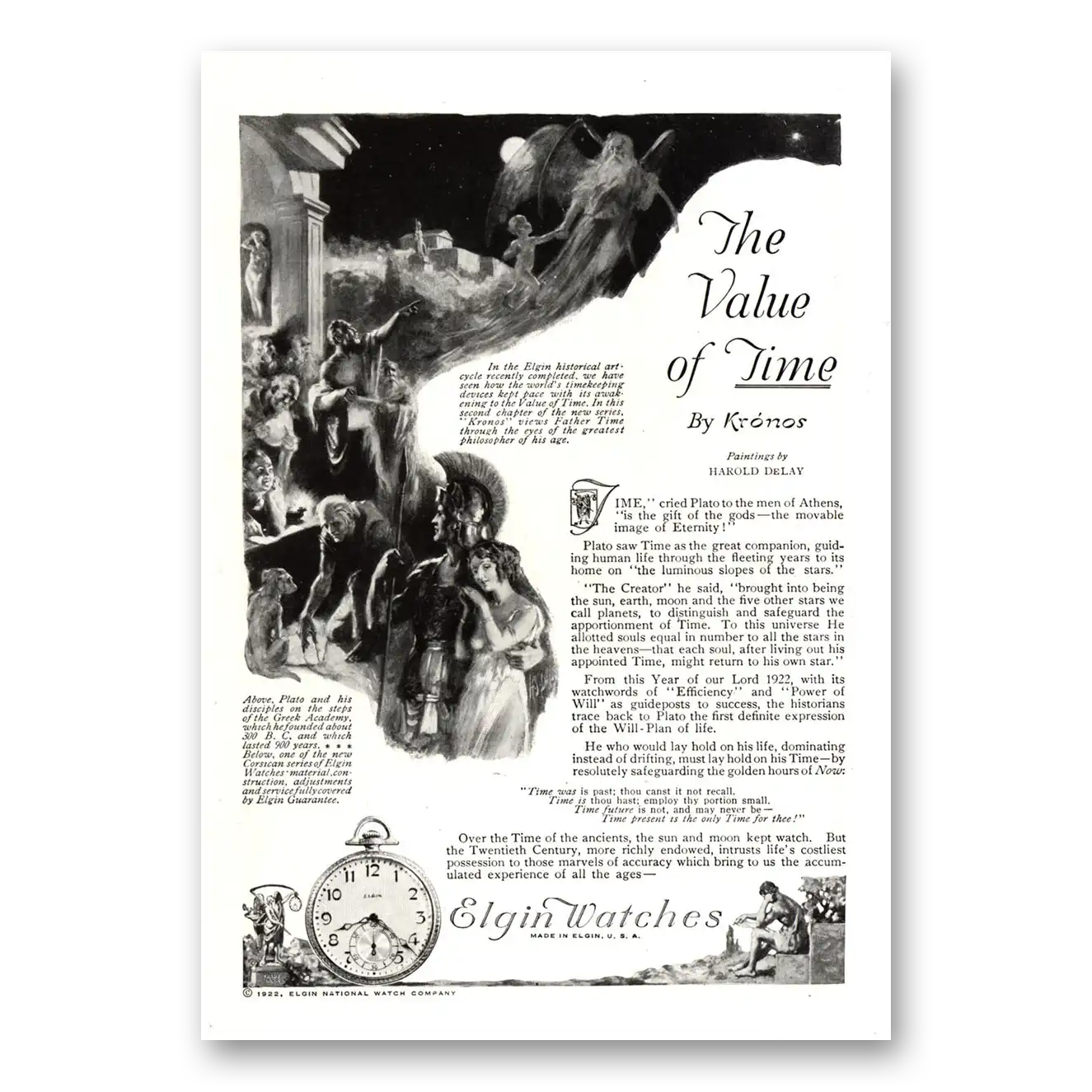 1922 Elgin Watch Time Cried Plato Men of Athens Vintage Magazine Print Ad
