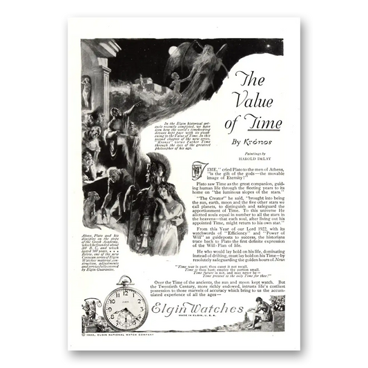 1922 Elgin Watch Time Cried Plato Men of Athens Vintage Magazine Print Ad