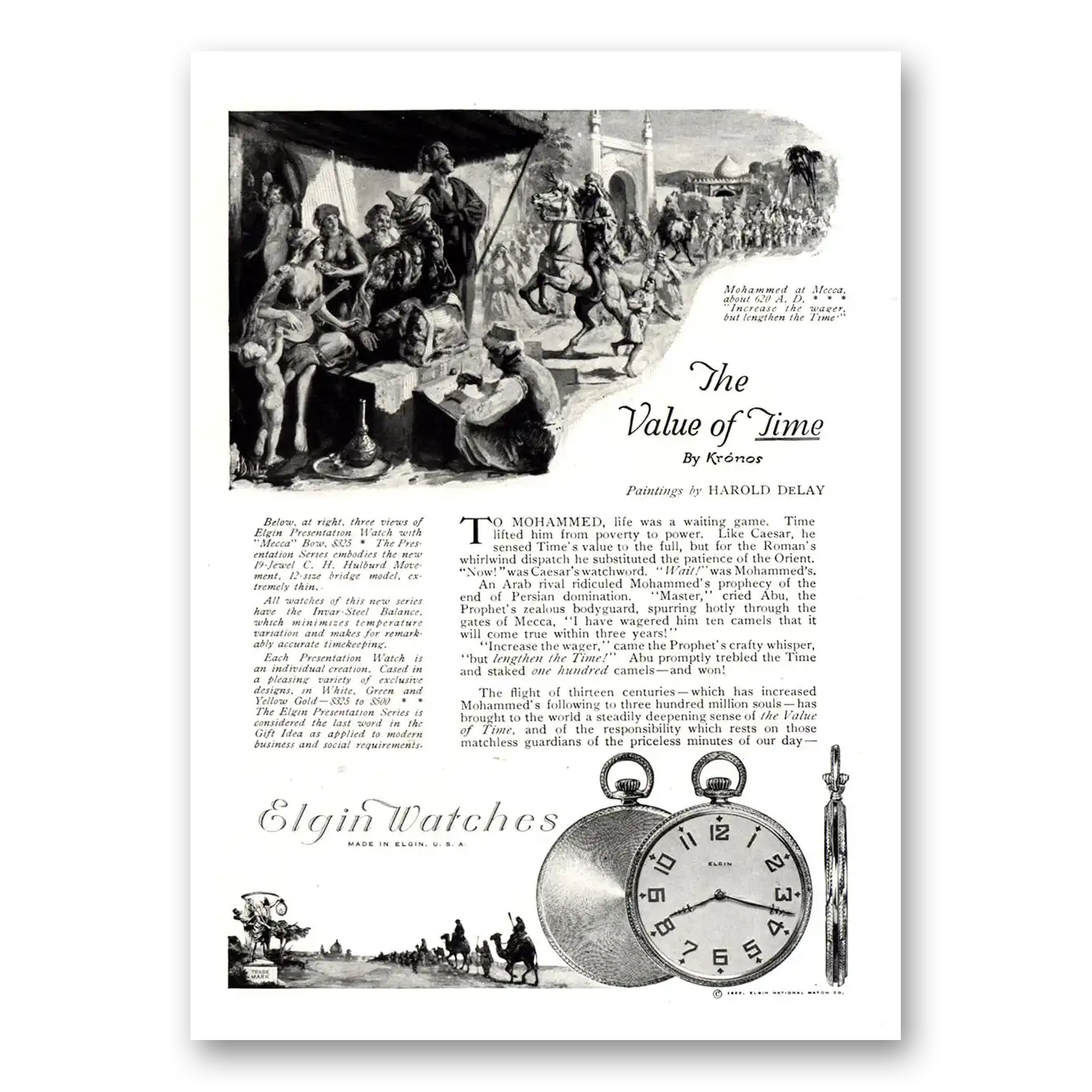 1922 Elgin Watch Mohammed Life Was a Waiting Game Vintage Magazine Print Ad
