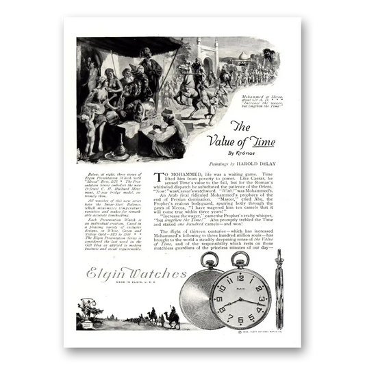 1922 Elgin Watch Mohammed Life Was a Waiting Game Vintage Magazine Print Ad