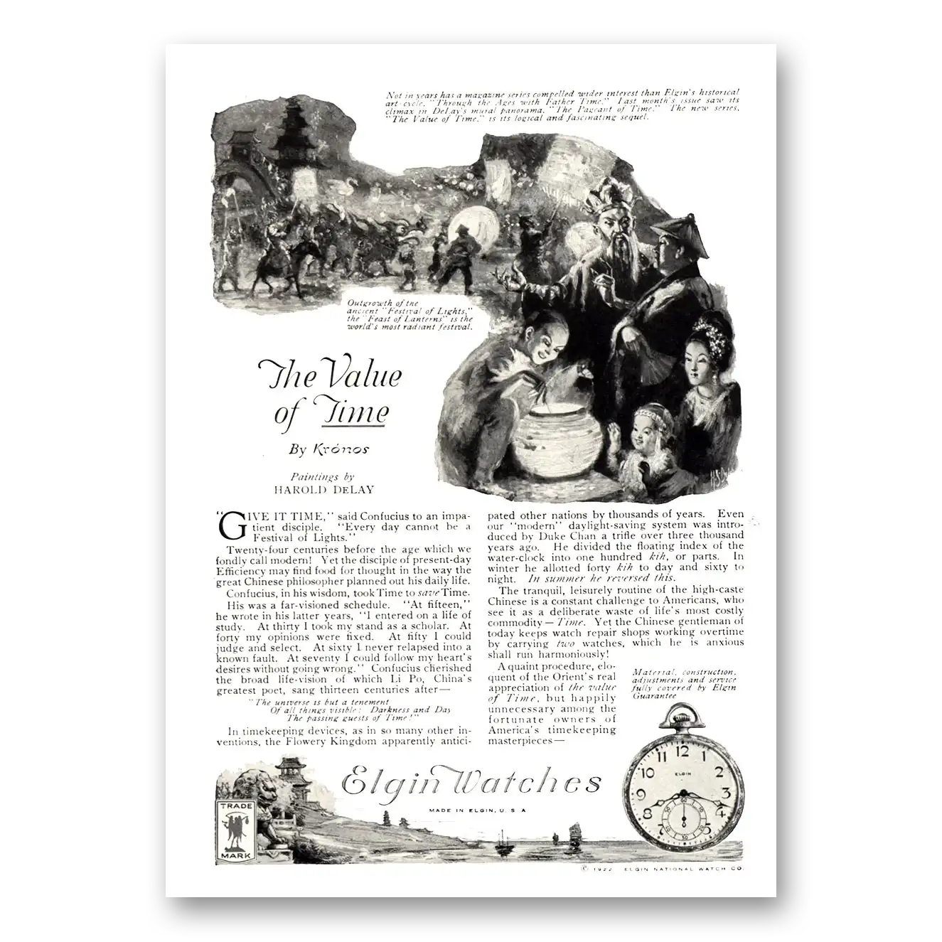 1922 Elgin Watch Give It Time Confucius Vintage Magazine Print Ad