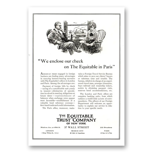 1922 Equitable Trust Enclose Our Check Equitable Paris Vintage Magazine Print Ad