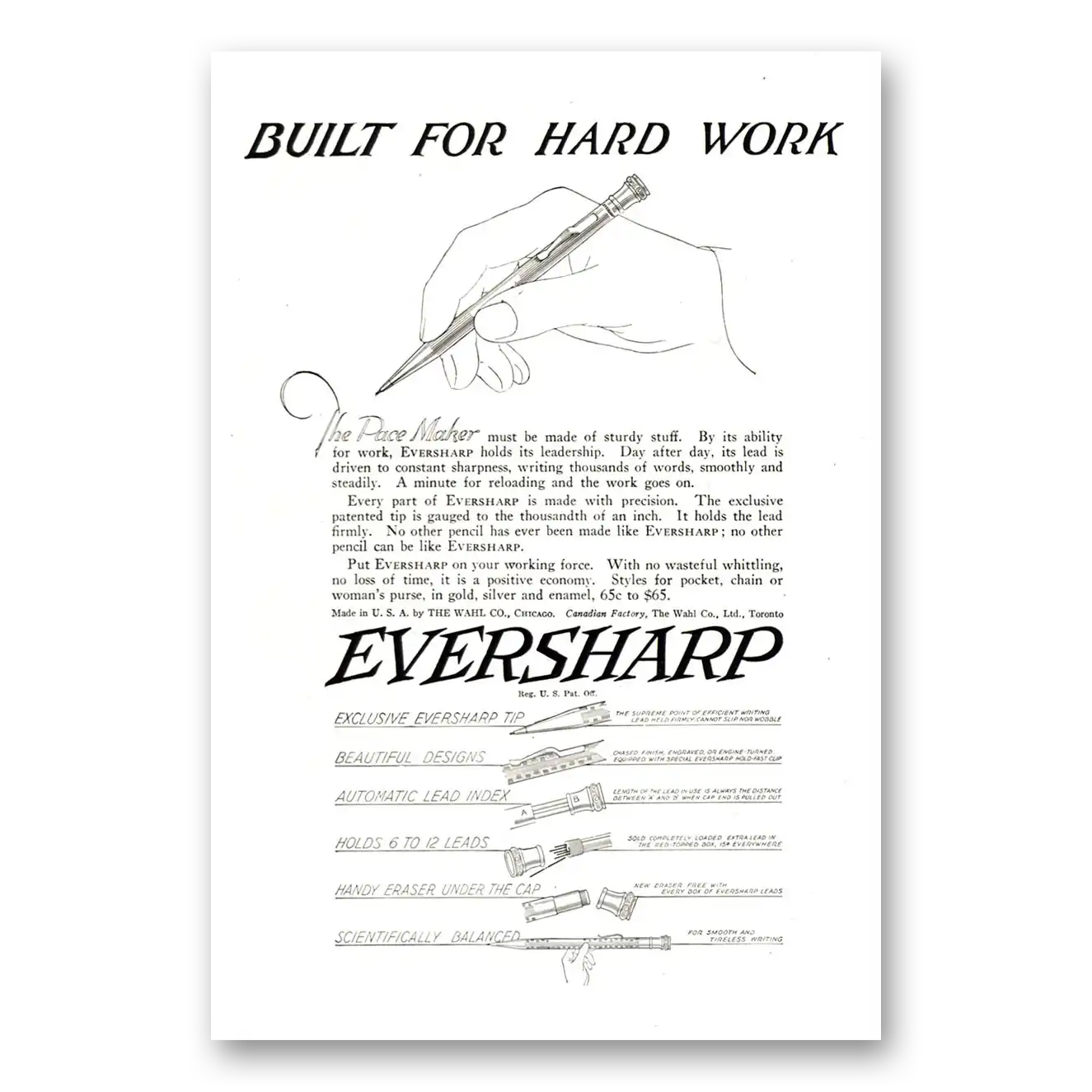 1922 Wahl Eversharp Built for Hard Work Vintage Magazine Print Ad