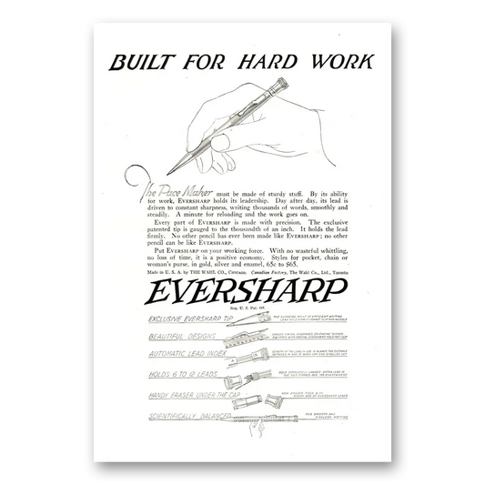 1922 Wahl Eversharp Built for Hard Work Vintage Magazine Print Ad