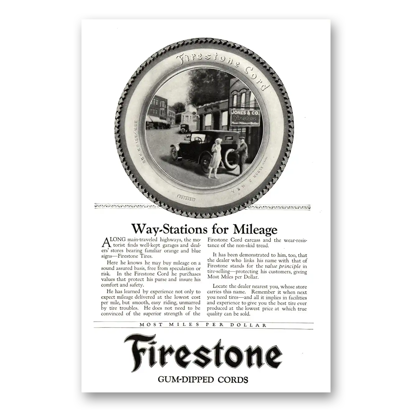 1922 Firestone Tires Gum Dipped Cords Ways Stations Mileage Vintage Magazine Print Ad