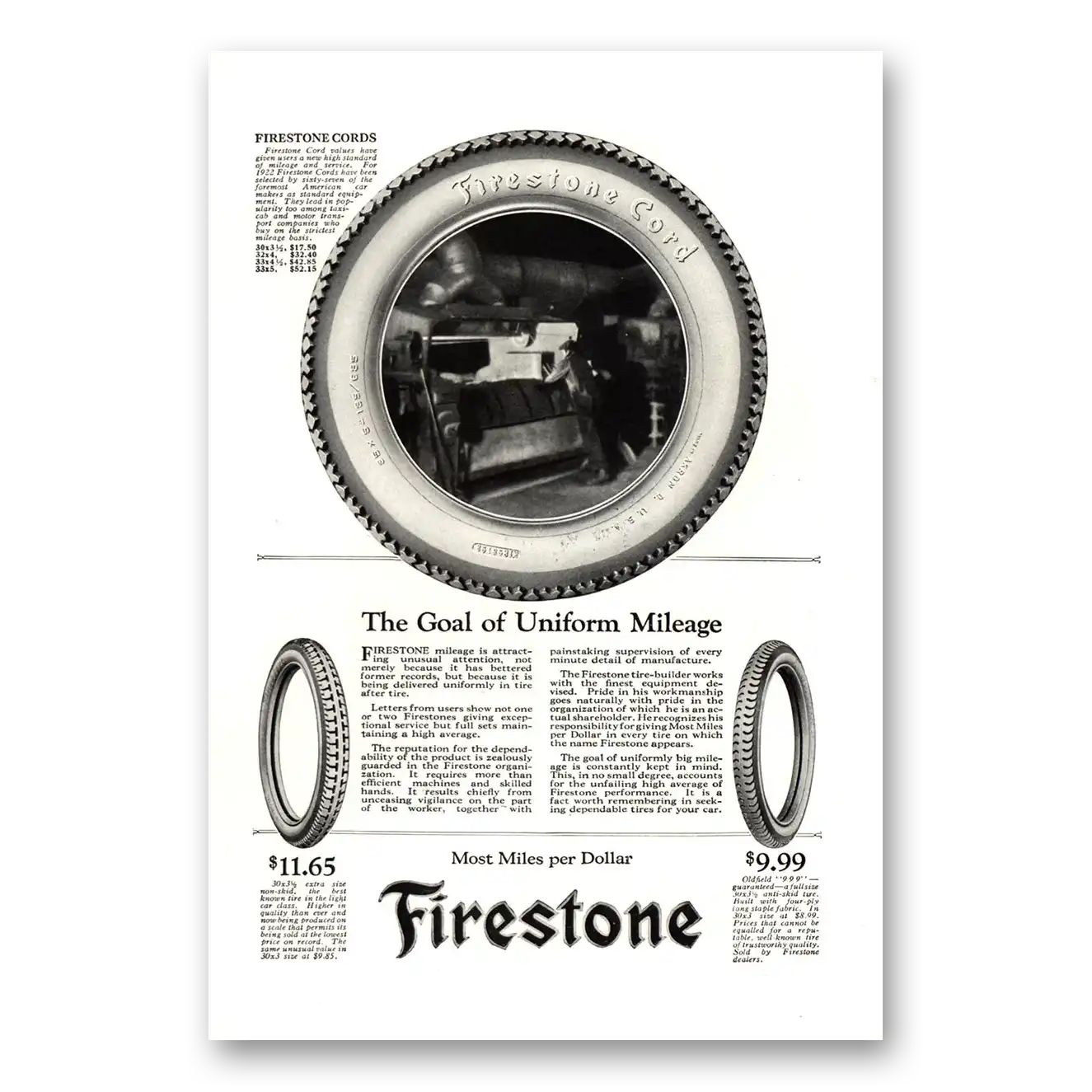 1922 Firestone Tires Goal of Uniform Mileage Vintage Magazine Print Ad