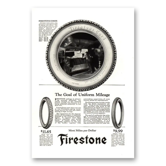 1922 Firestone Tires Goal of Uniform Mileage Vintage Magazine Print Ad