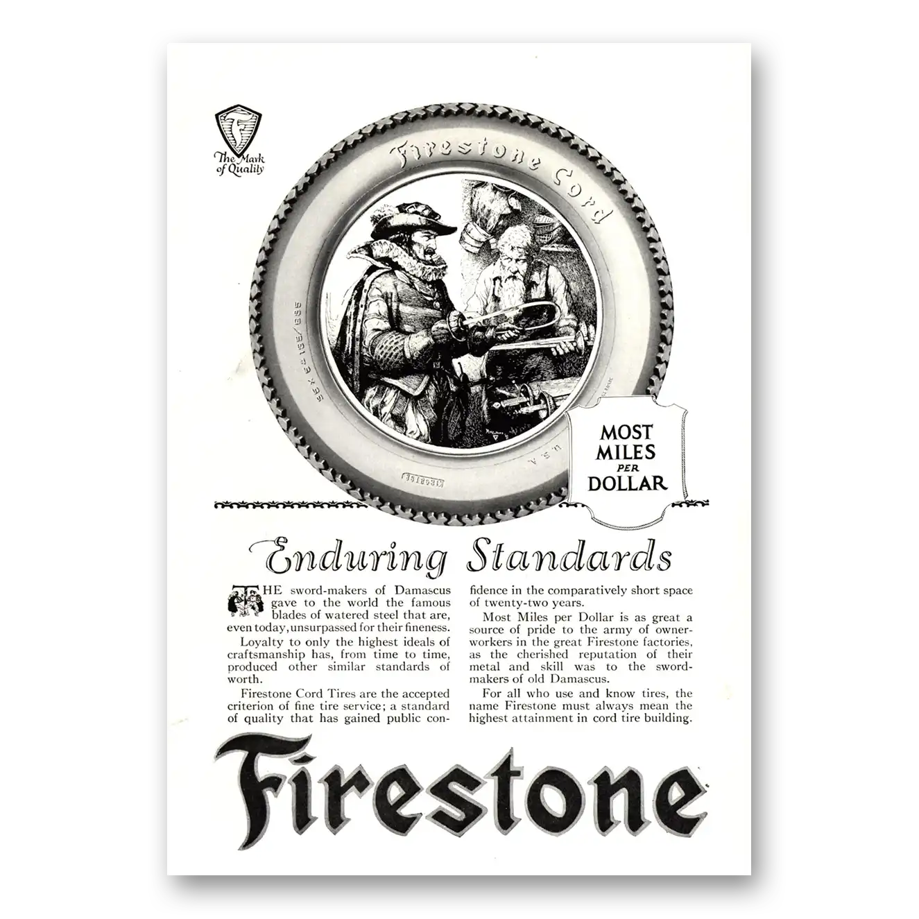 1922 Firestone Tires Enduring Standards Vintage Magazine Print Ad