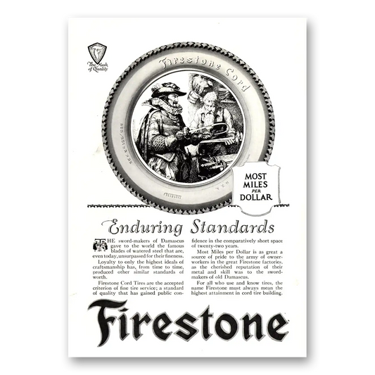 1922 Firestone Tires Enduring Standards Vintage Magazine Print Ad