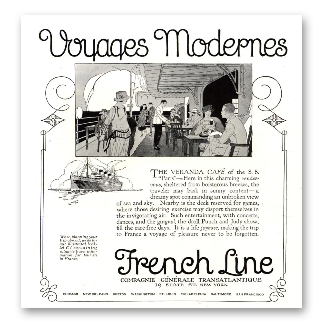 1922 French Line Veranda Cafe Vintage Magazine Print Ad