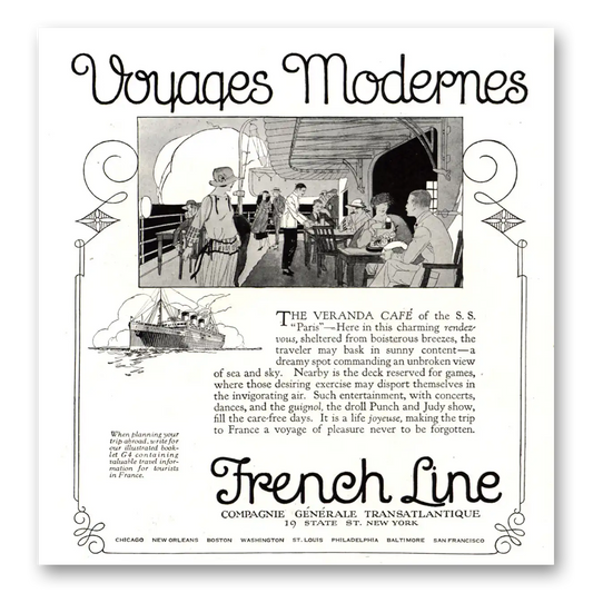 1922 French Line Veranda Cafe Vintage Magazine Print Ad