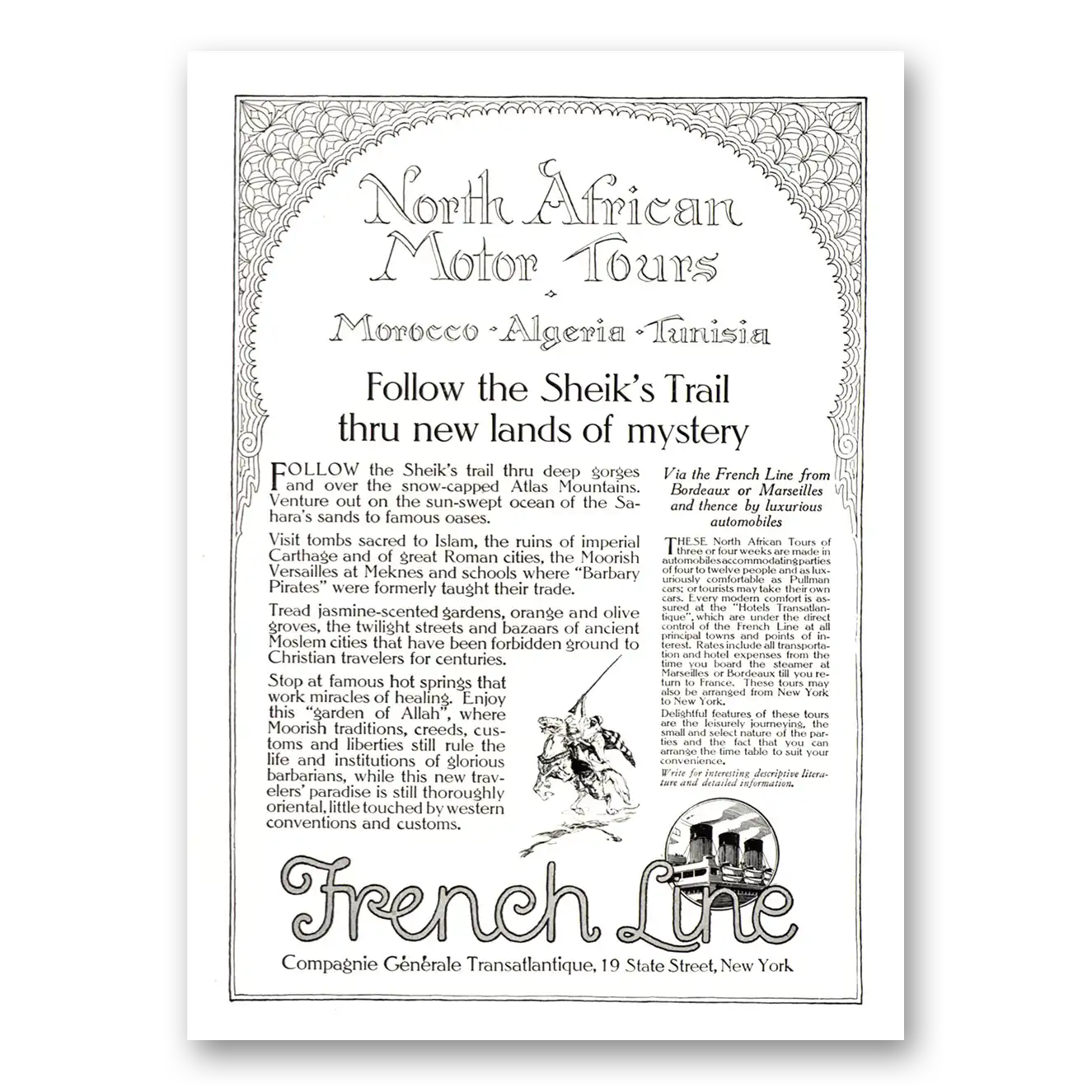 1922 French Line Follow Sheiks Trail Thru New Lands of Mystery Vintage Magazine Print Ad