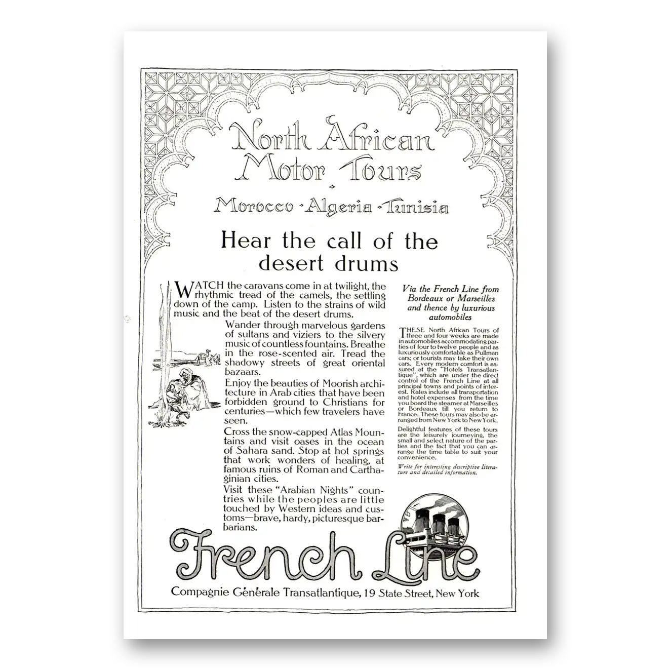 1922 French Line North African Call of the Desert Drums Vintage Magazine Print Ad