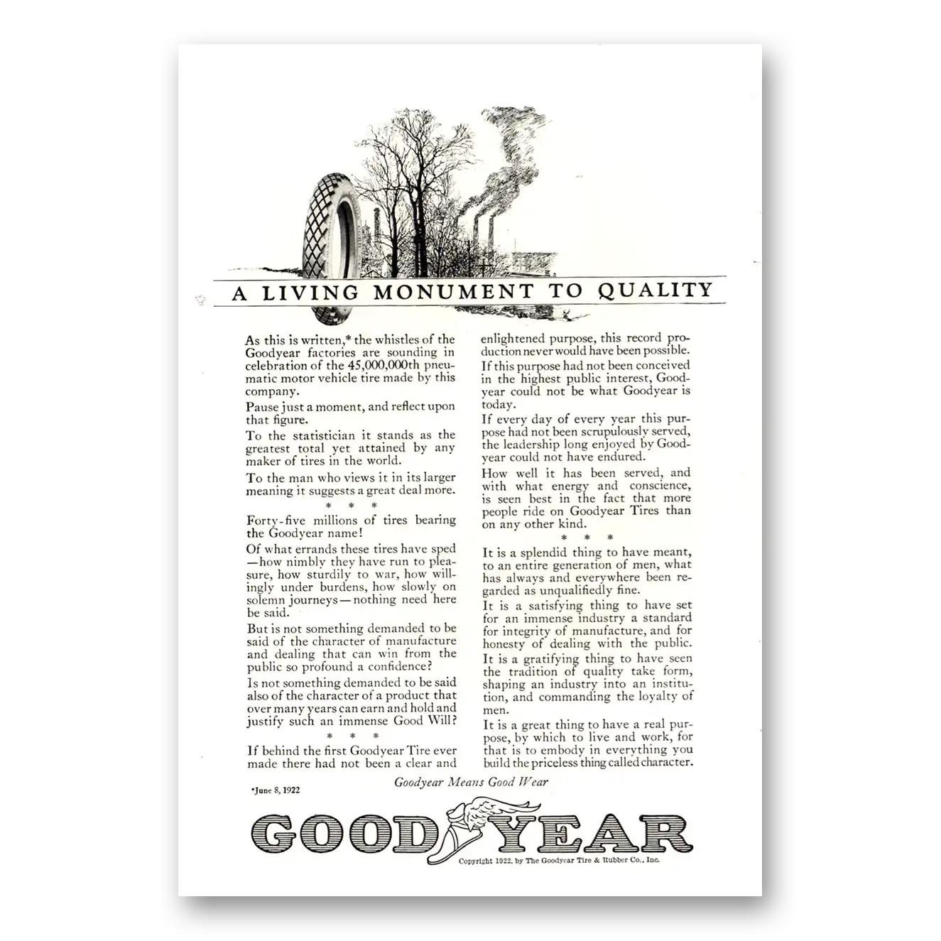 1922 Goodyear Tires Living Monument to Quality Vintage Magazine Print Ad