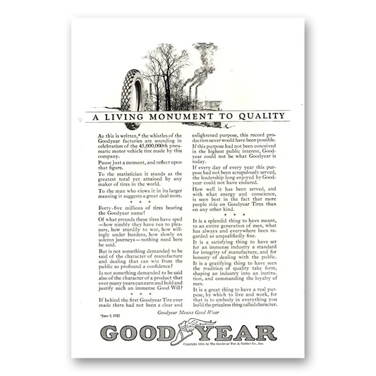 1922 Goodyear Tires Living Monument to Quality Vintage Magazine Print Ad