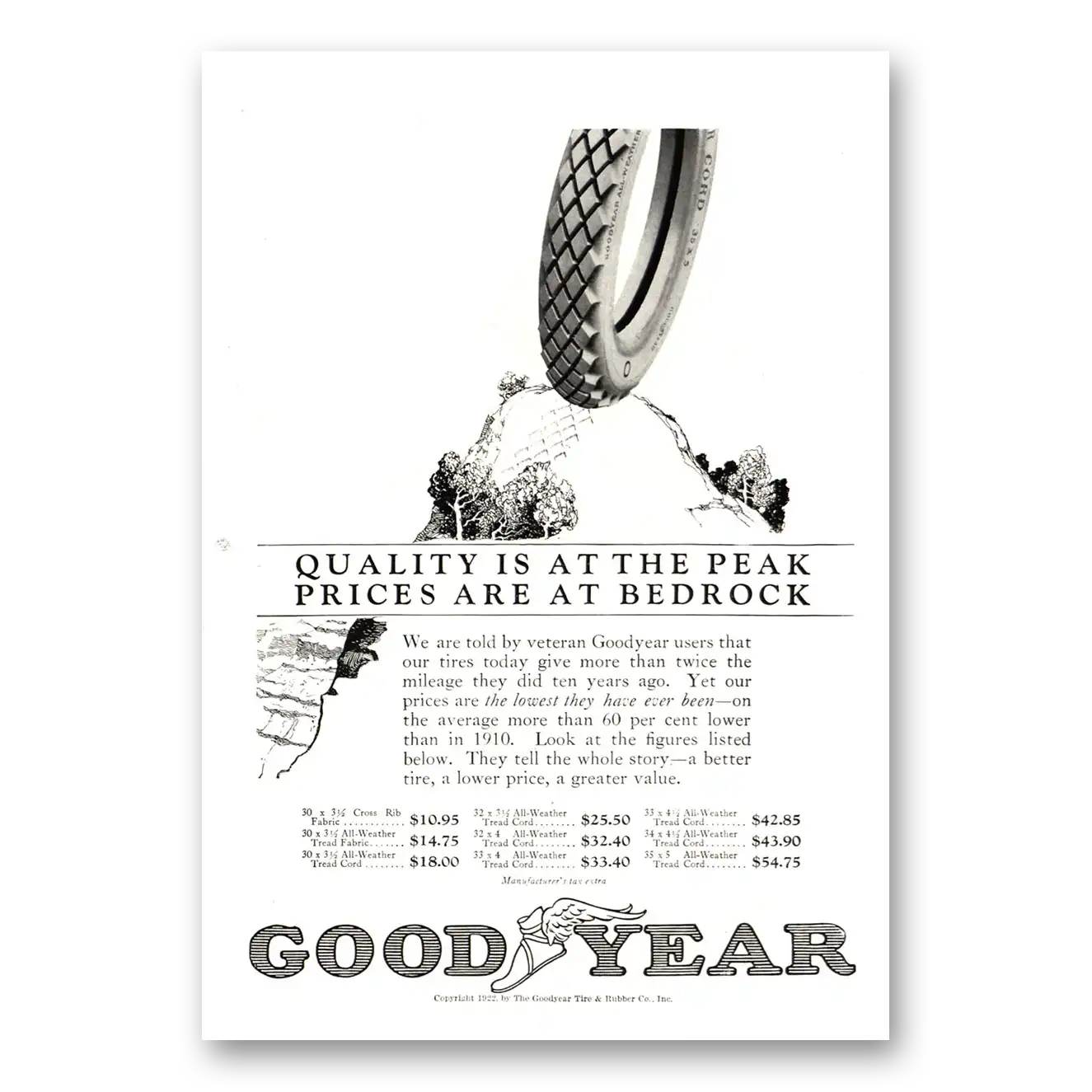 1922 Goodyear Tires Quality Peak Prices Bedrock Vintage Magazine Print Ad