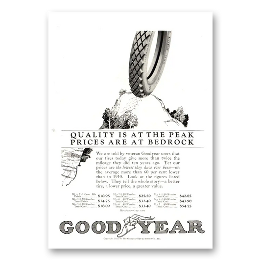 1922 Goodyear Tires Quality Peak Prices Bedrock Vintage Magazine Print Ad