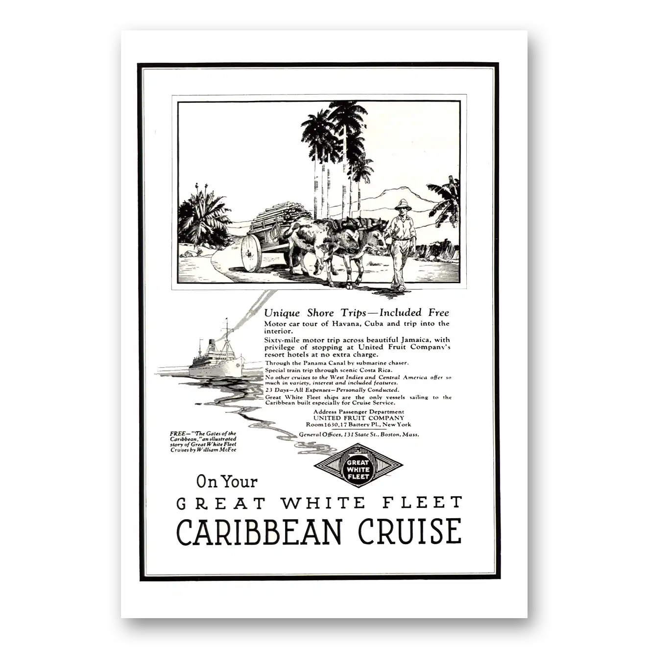 1922 Great White Fleet Unique Shore Trips Motor Car Tour Cuba Vintage Magazine Print Ad