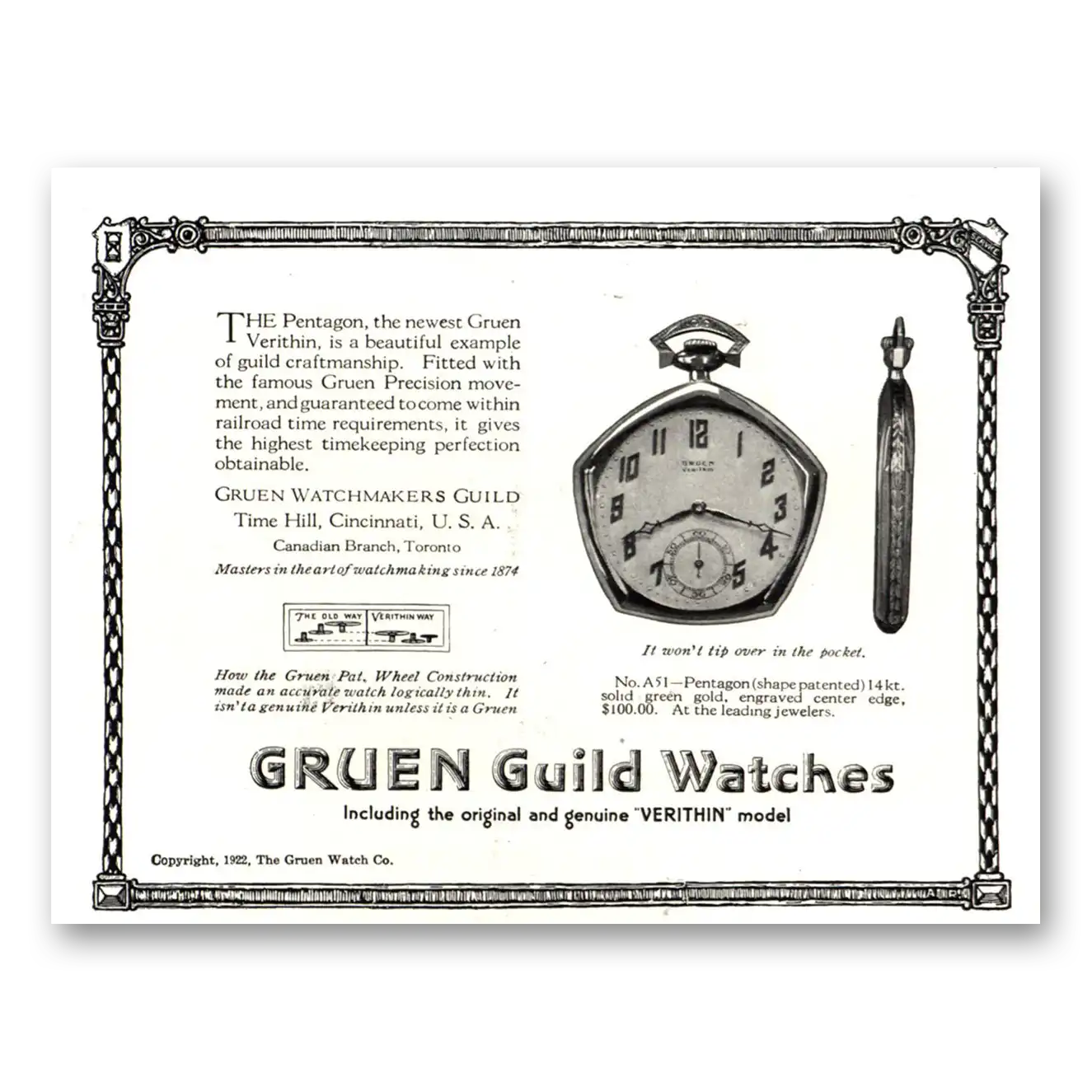 1922 Gruen Watch Pentagon Newest Gruen Verithin Vintage Magazine Print Ad