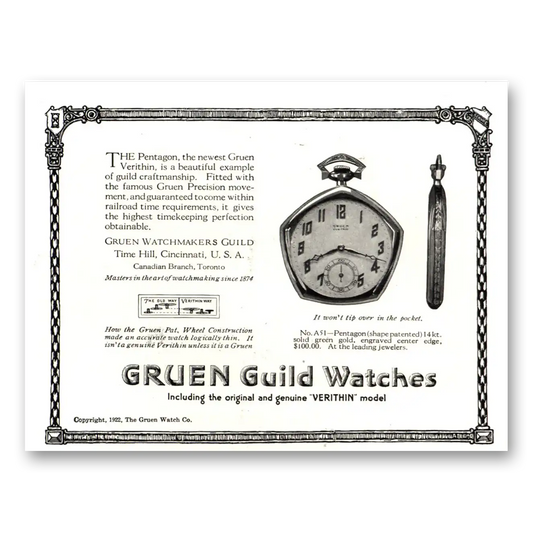 1922 Gruen Watch Pentagon Newest Gruen Verithin Vintage Magazine Print Ad