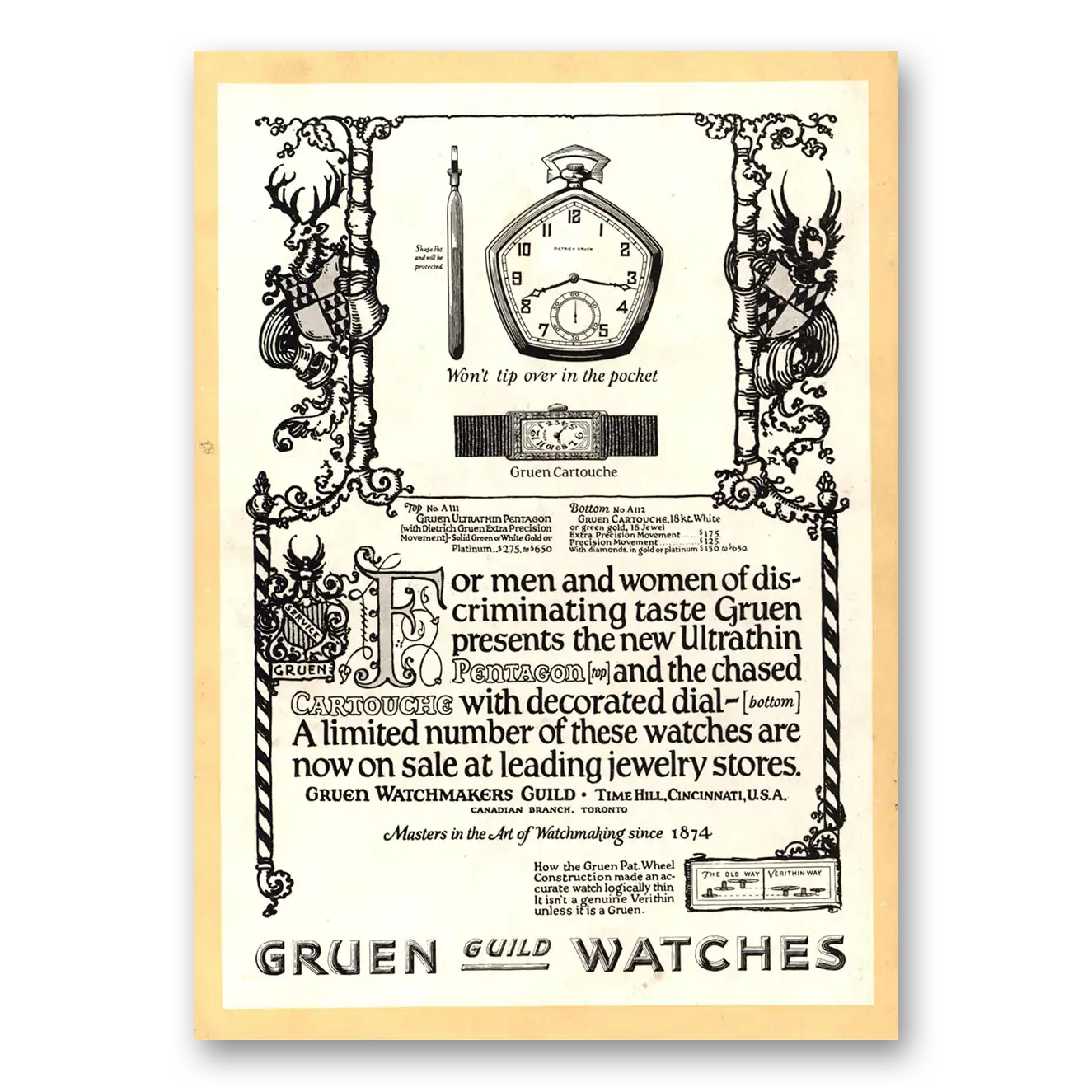 1922 Gruen Watch Men and Women Discriminating Taste Vintage Magazine Print Ad