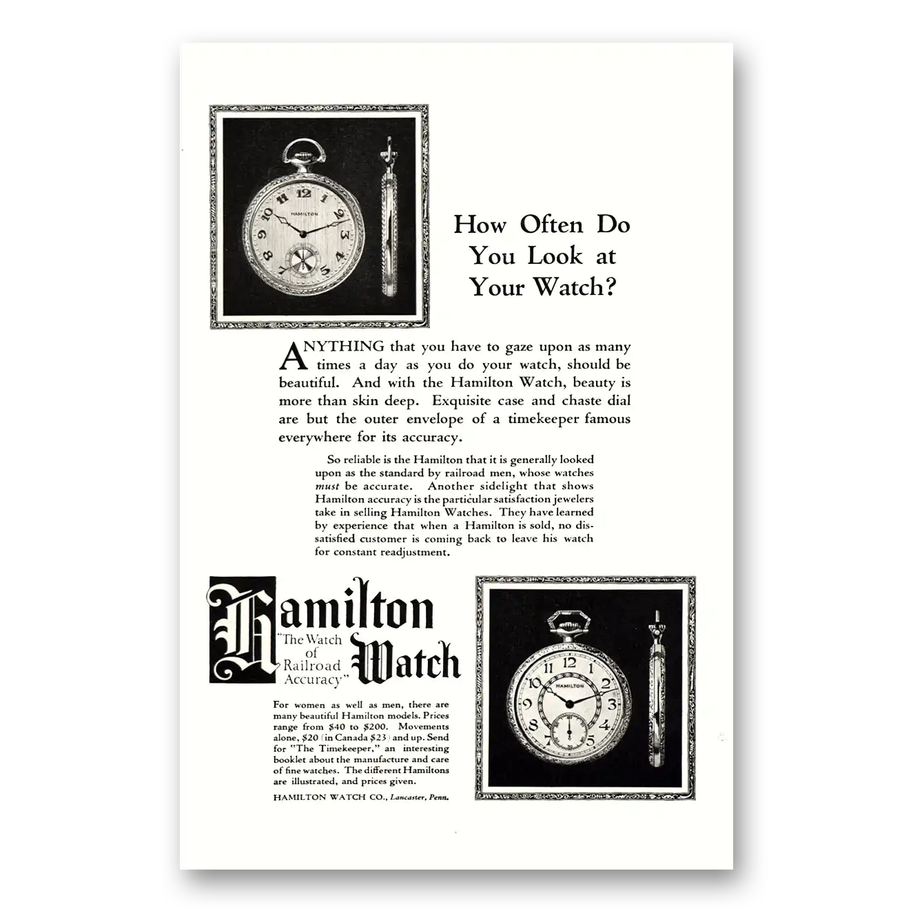 1922 Hamilton Watch How Often Do You Look At Your Watch Vintage Magazine Print Ad