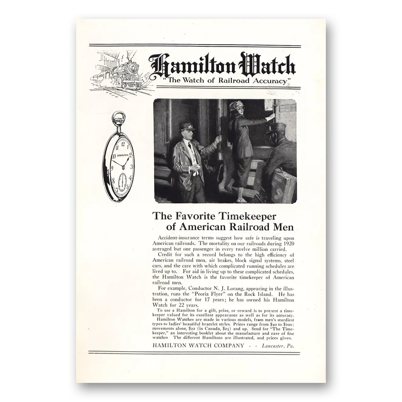 1922 Hamilton Watch Conductor N J Lorang Vintage Magazine Print Ad