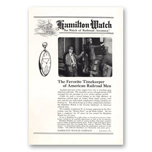 1922 Hamilton Watch Conductor N J Lorang Vintage Magazine Print Ad