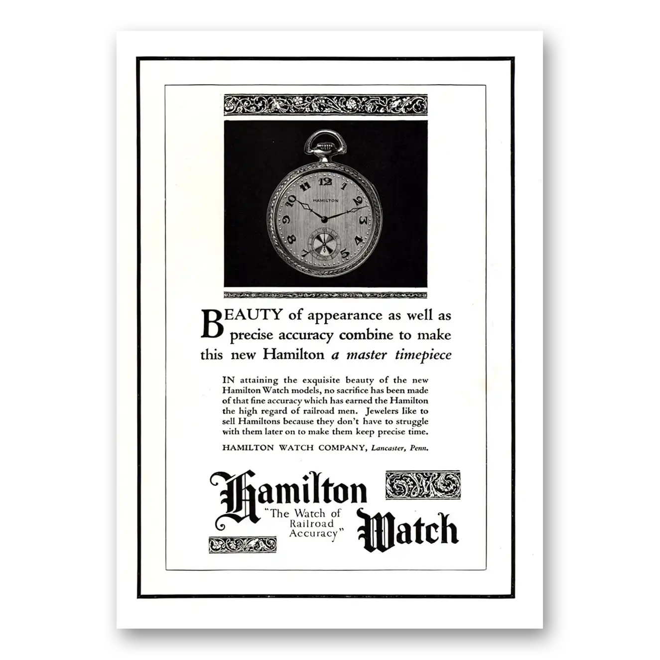 1922 Hamilton Watch Beauty of Appearance Vintage Magazine Print Ad