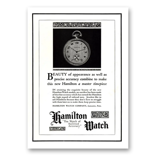 1922 Hamilton Watch Beauty of Appearance Vintage Magazine Print Ad