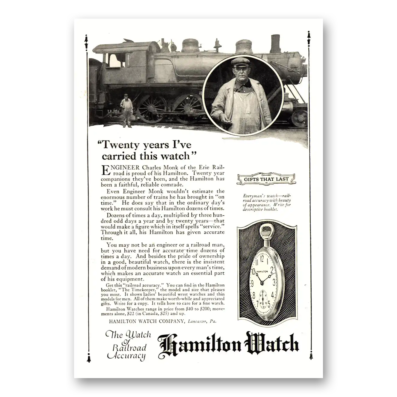 1922 Hamilton Watch Twenty Years Carried This Watch Charles Monk Vintage Magazine Print Ad