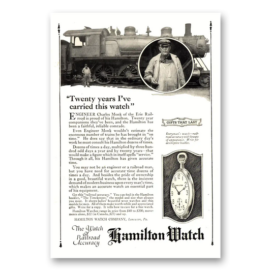 1922 Hamilton Watch Twenty Years Carried This Watch Charles Monk Vintage Magazine Print Ad