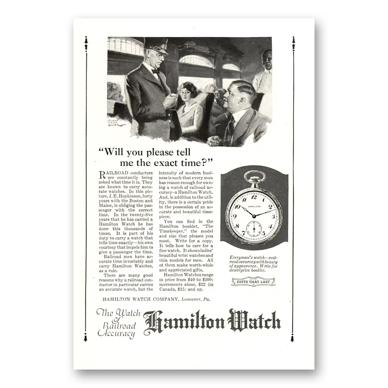 1922 Hamilton Watch Please Tell Me the Exact Time Hopkinson Vintage Magazine Print Ad