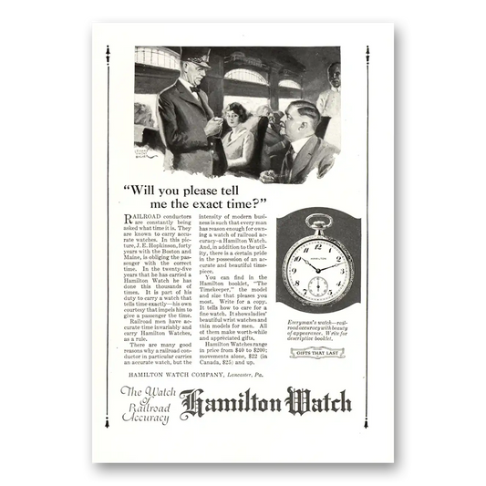 1922 Hamilton Watch Please Tell Me the Exact Time Hopkinson Vintage Magazine Print Ad