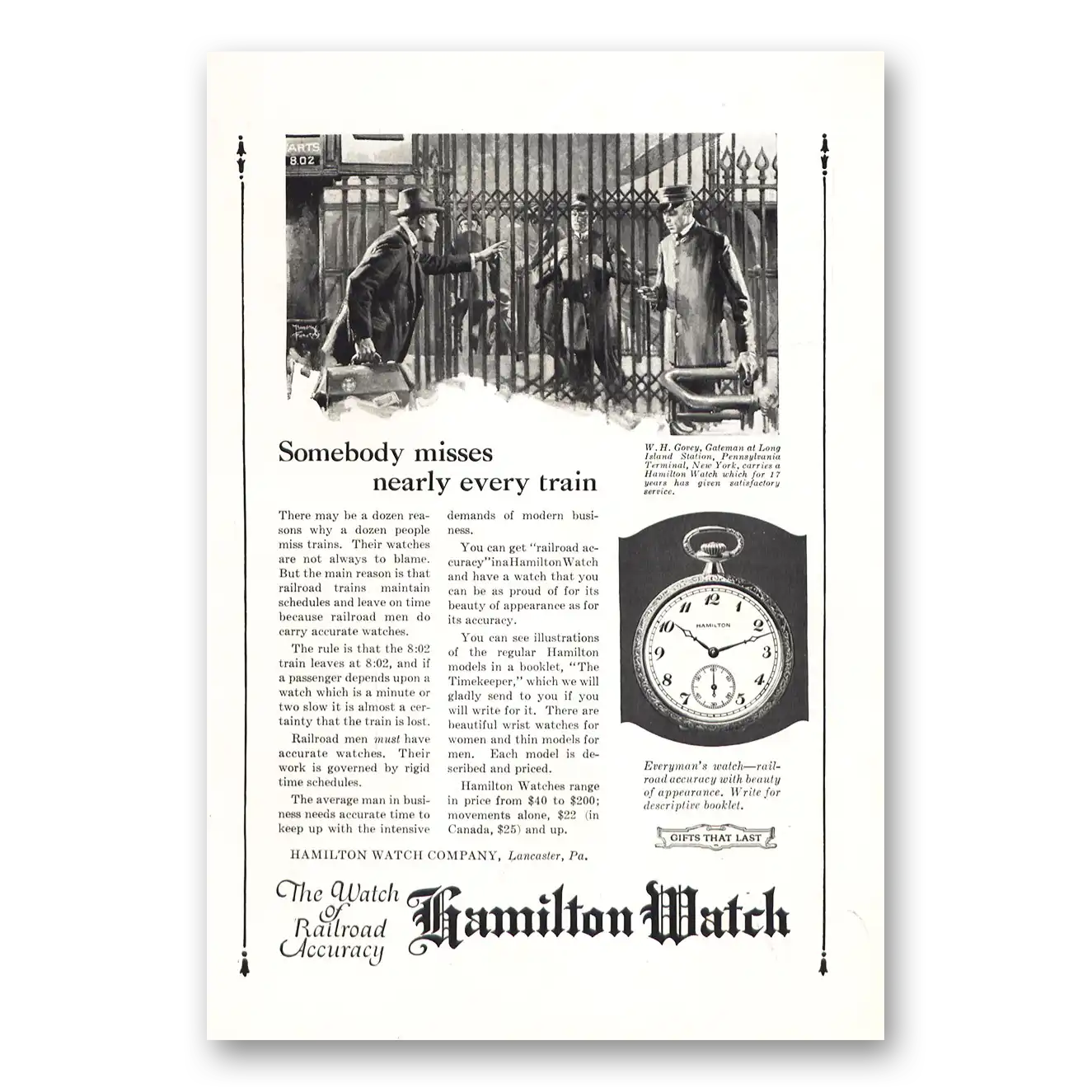 1922 Hamilton Watch Somebody Misses Nearly Every Train Vintage Magazine Print Ad