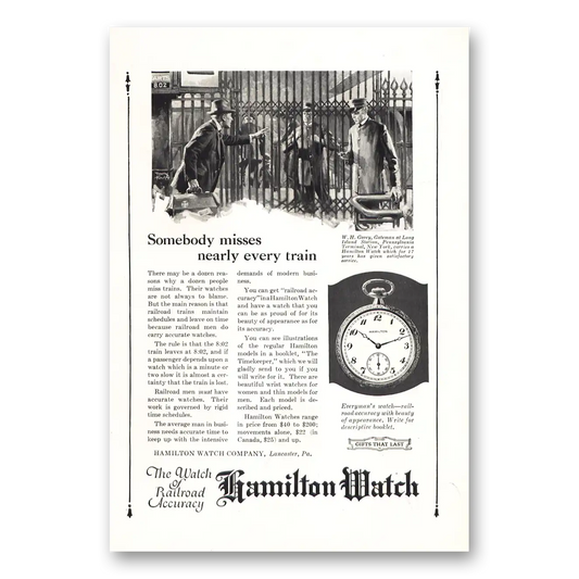 1922 Hamilton Watch Somebody Misses Nearly Every Train Vintage Magazine Print Ad