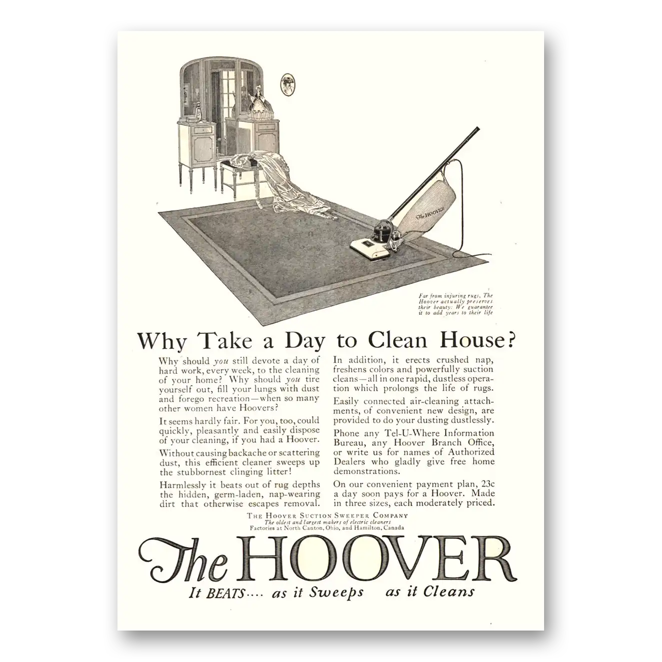 1922 Hoover Vacuum Take a Day to Clean House Vintage Magazine Print Ad