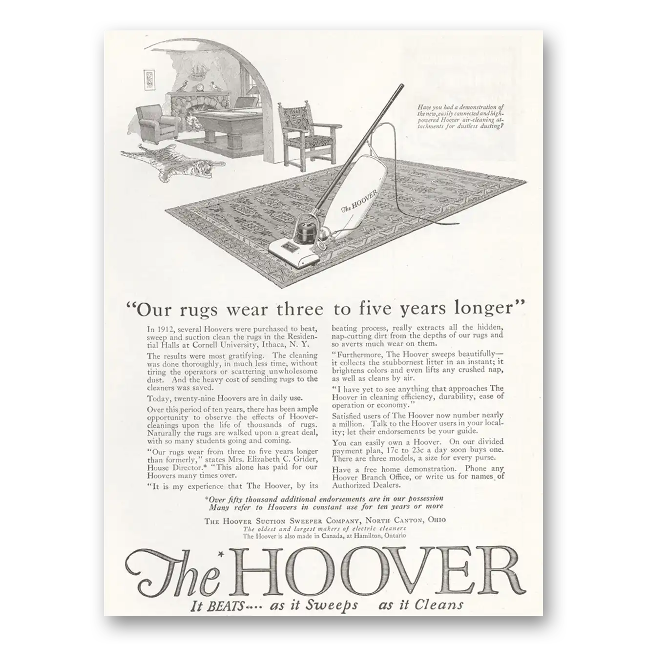 1922 Hoover Vacuum Our Rugs Wear Three to Five Years Longer Vintage Magazine Print Ad