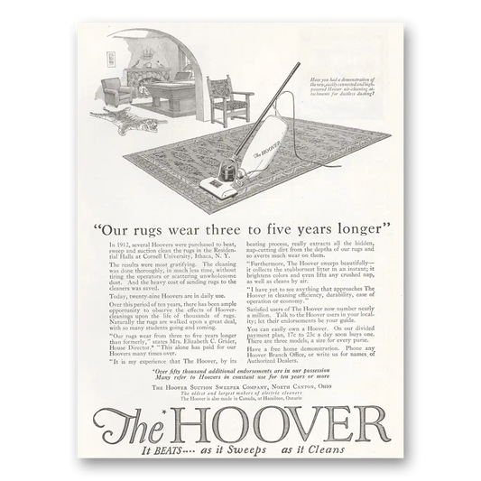 1922 Hoover Vacuum Our Rugs Wear Three to Five Years Longer Vintage Magazine Print Ad