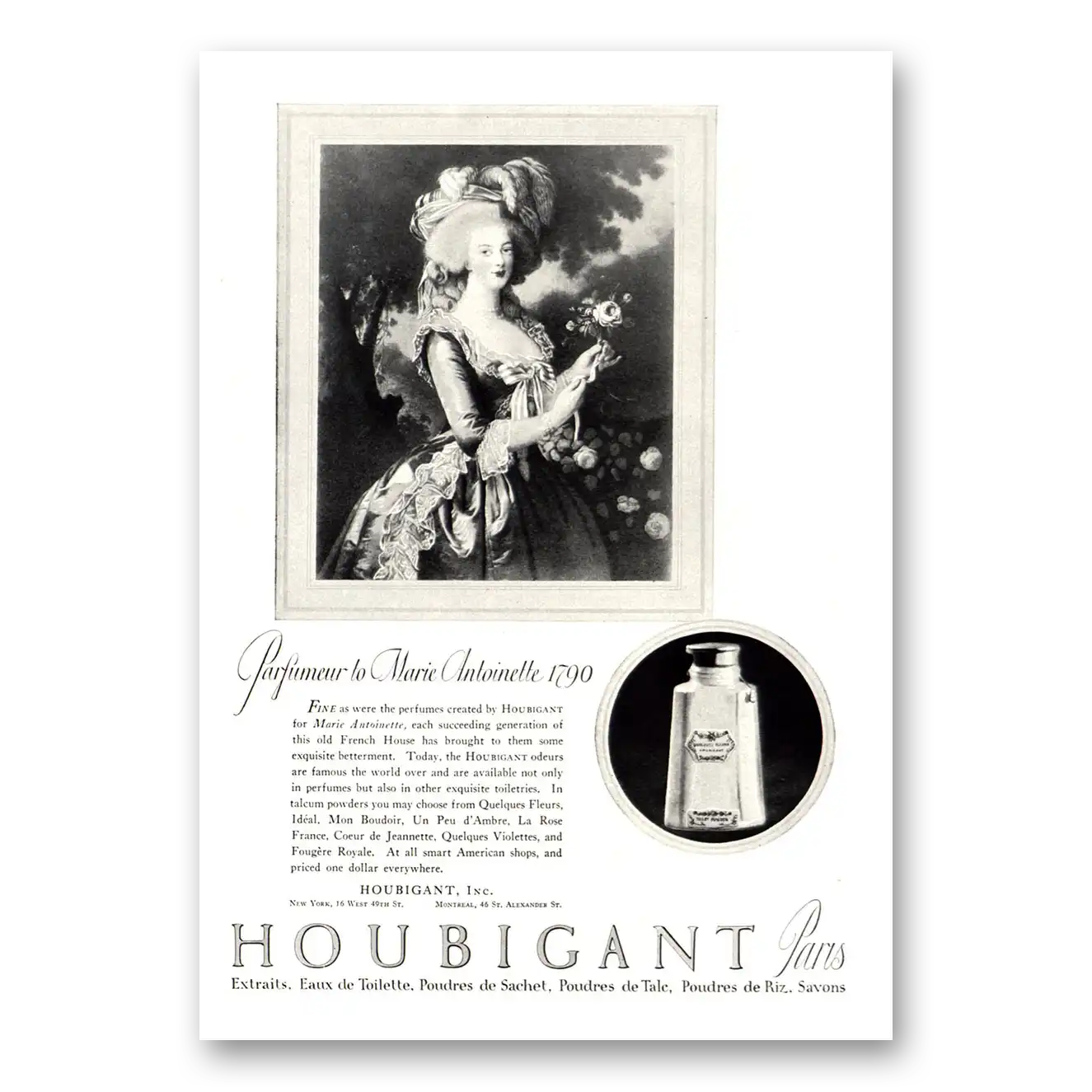 1922 Houbigant Perfumes Parfumeur to Marie Antoinette 1790 Vintage Magazine Print Ad