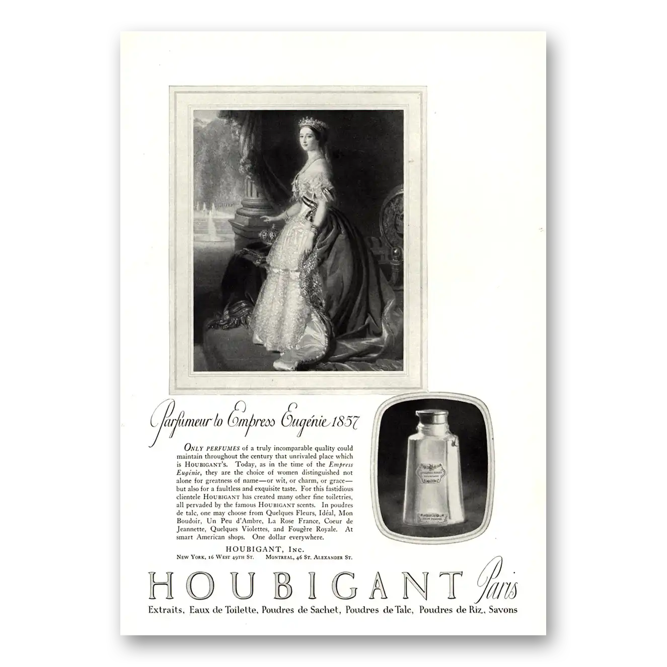 1922 Houbigant Perfumes Parfumeur Empress Eugenie 1857 Vintage Magazine Print Ad