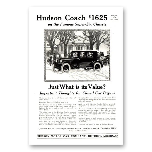 1922 Hudson Motor Car Coach Thoughts for Closed Car Buyers Vintage Magazine Print Ad