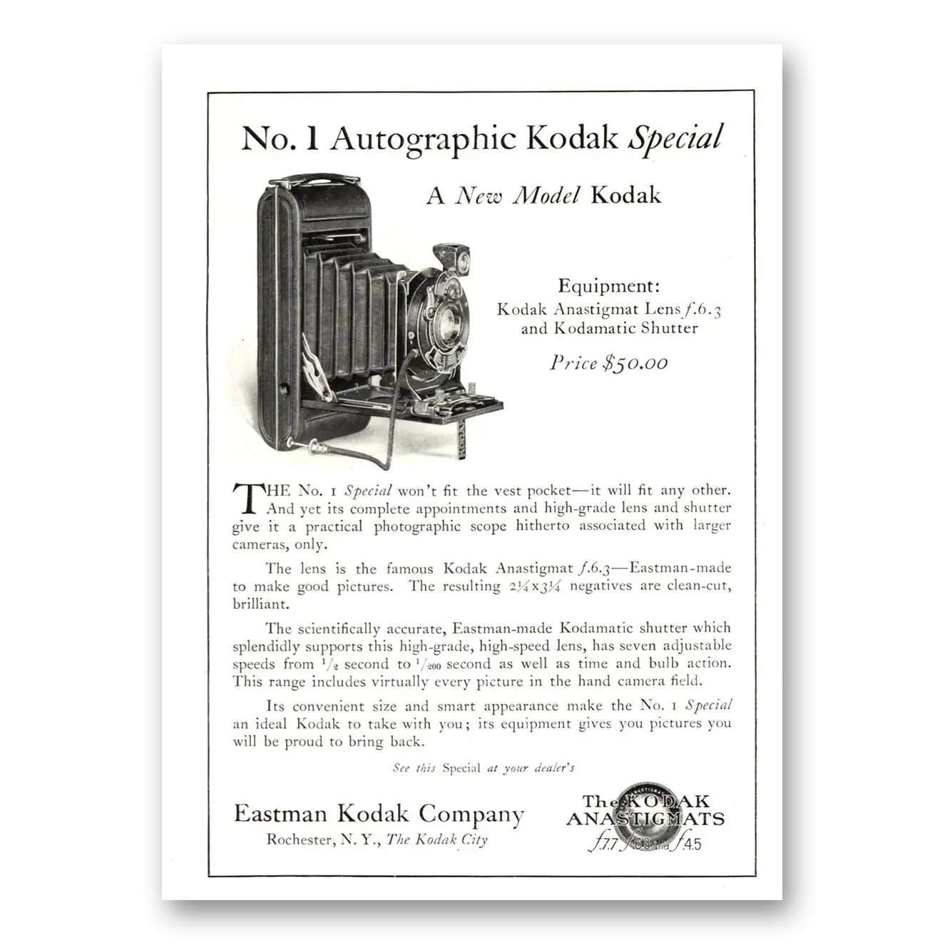 1922 Kodak Autographic Camera No 1 Autographic New Model Vintage Magazine Print Ad