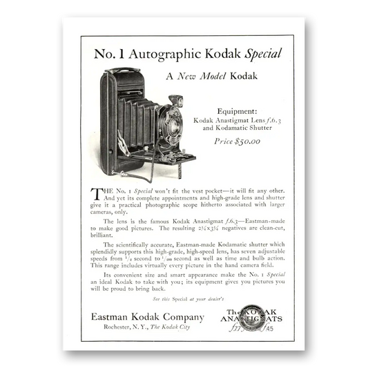 1922 Kodak Autographic Camera No 1 Autographic New Model Vintage Magazine Print Ad