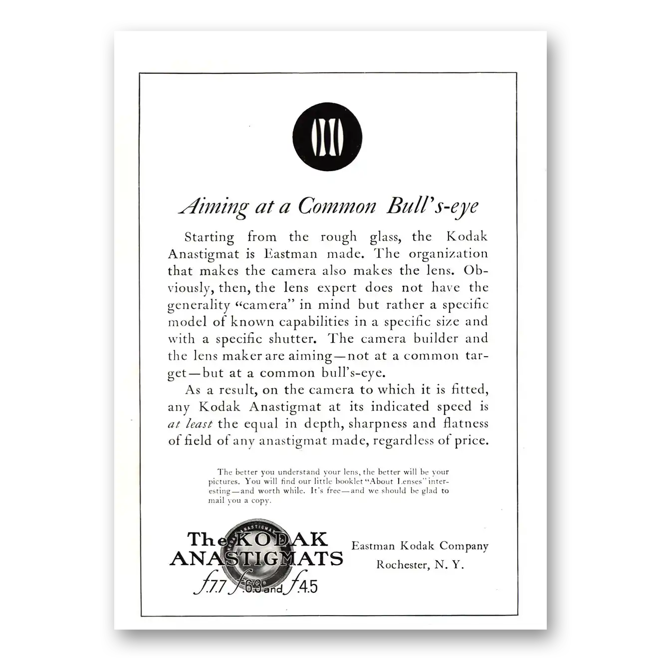 1922 Kodak Anastigmat Camera Aiming Common Bulls Eye Vintage Magazine Print Ad