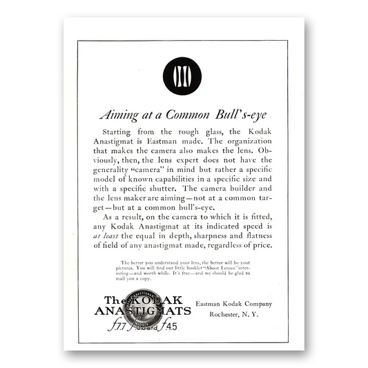 1922 Kodak Anastigmat Camera Aiming Common Bulls Eye Vintage Magazine Print Ad