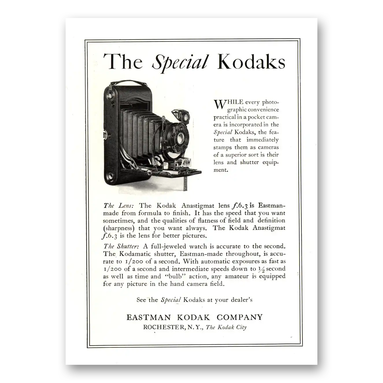 1922 Kodak Anastigmat Camera Special Anastigmat Lens Vintage Magazine Print Ad